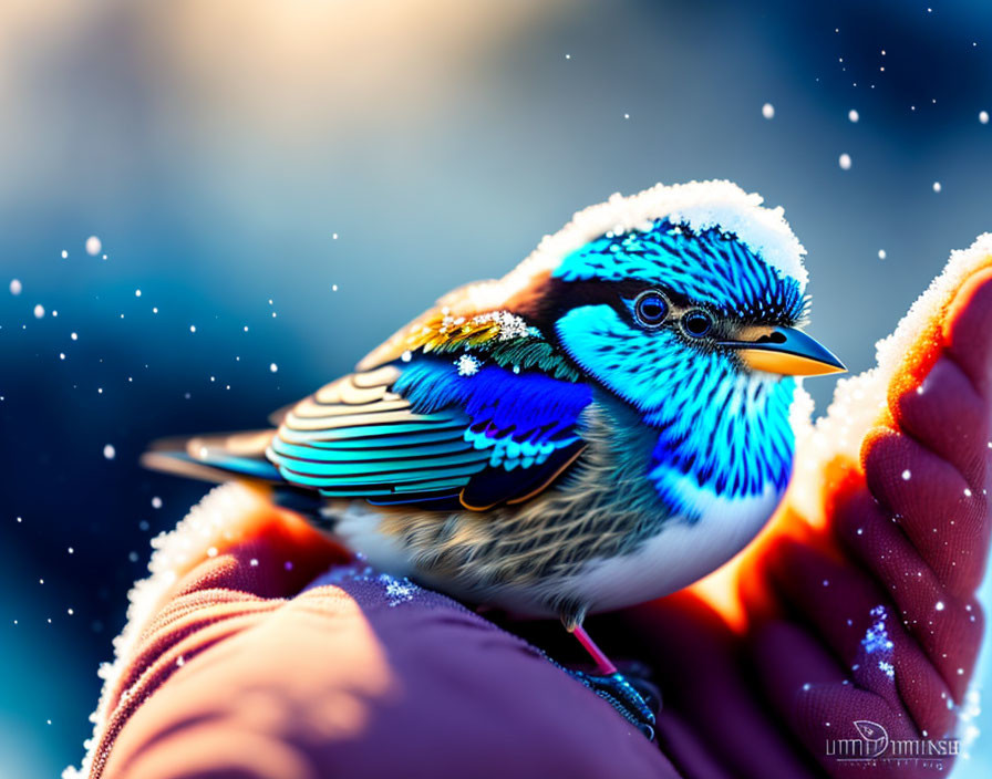 Colorful Illustrated Blue Bird Perched on Gloved Hand in Winter Scene