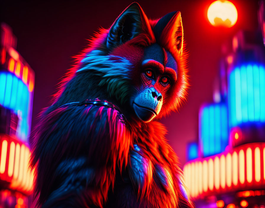 Anthropomorphic fox character in cyberpunk cityscape at night