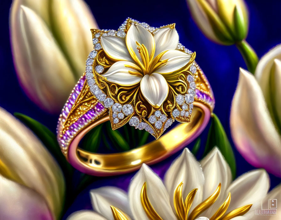 Golden ring with white and gold floral design, diamonds, white lilies, blue canvas