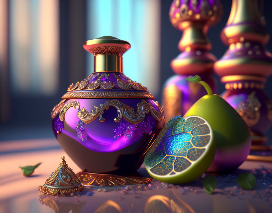 Colorful 3D illustration of ornate purple glass perfume bottle with gold and jewel accents, fruits