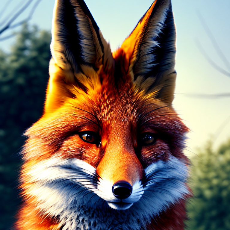 Detailed close-up of vibrant red fox with intense eyes on blurred background