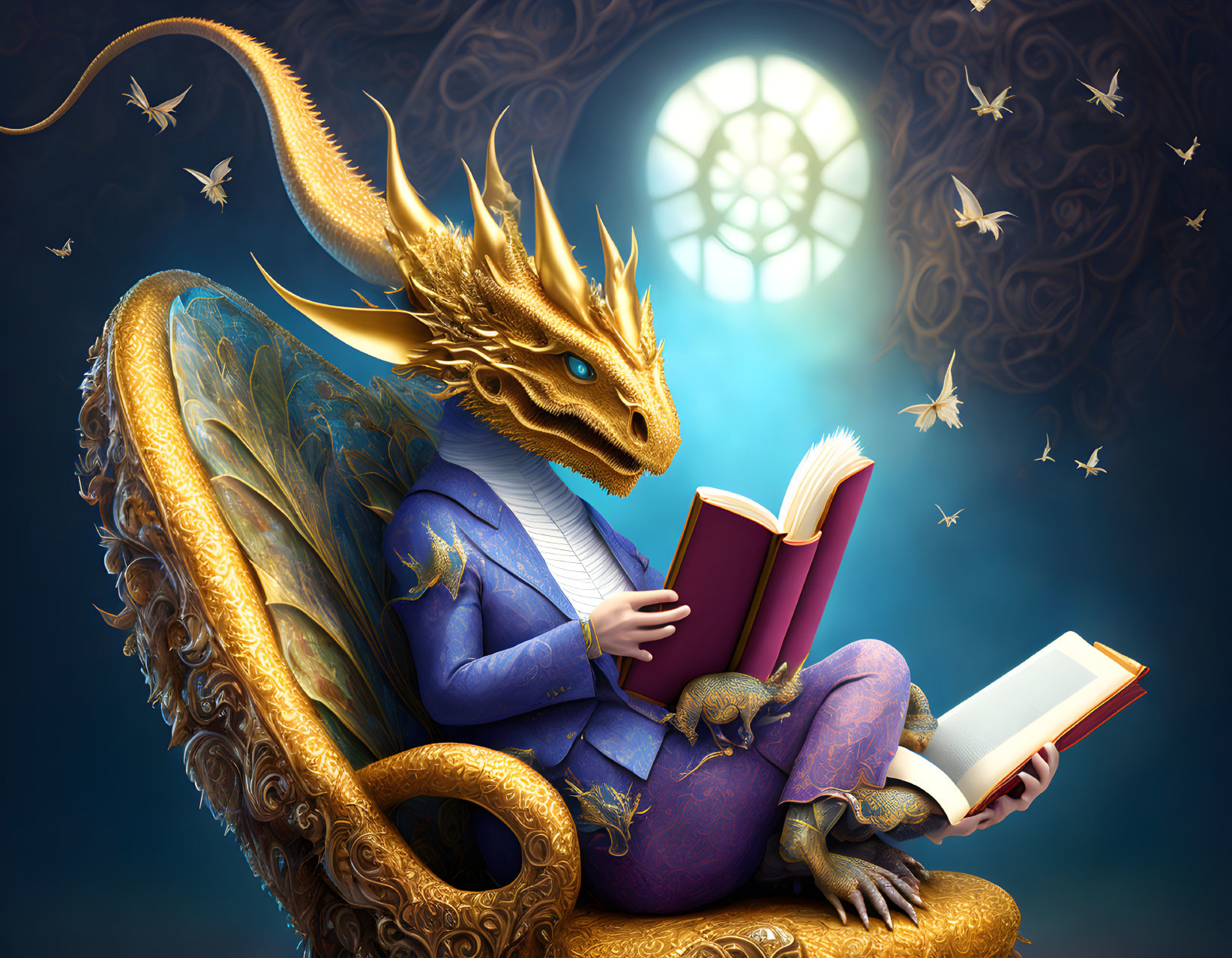 Anthropomorphic dragon in elegant attire reading book on golden throne with moonlit window and fluttering mo