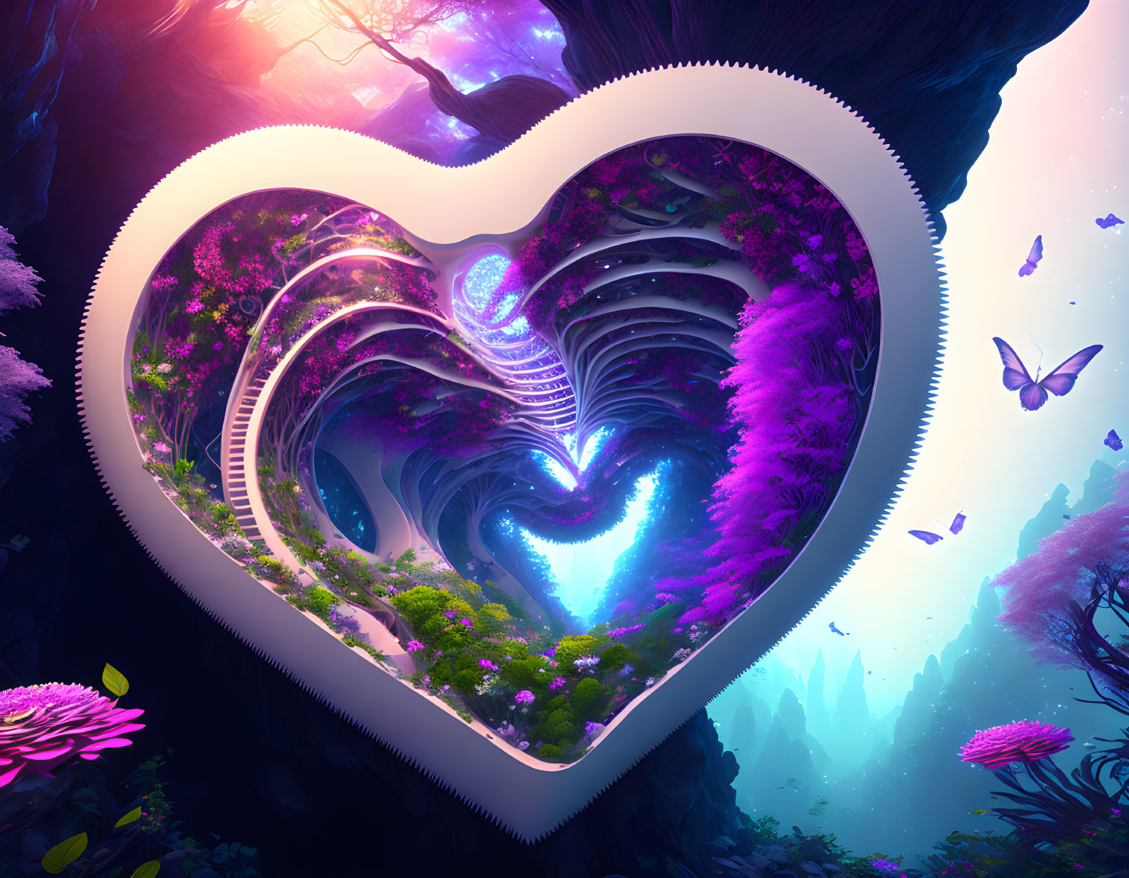 Heart-shaped portal to magical purple forest with butterflies and glowing flora