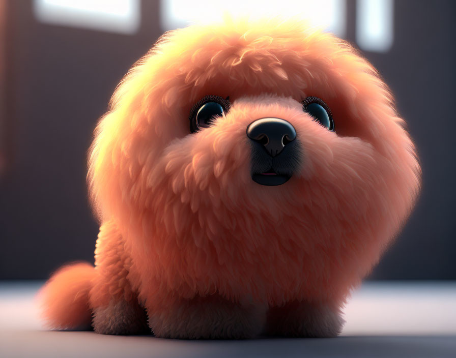 Fluffy orange cartoon dog with expressive eyes indoors