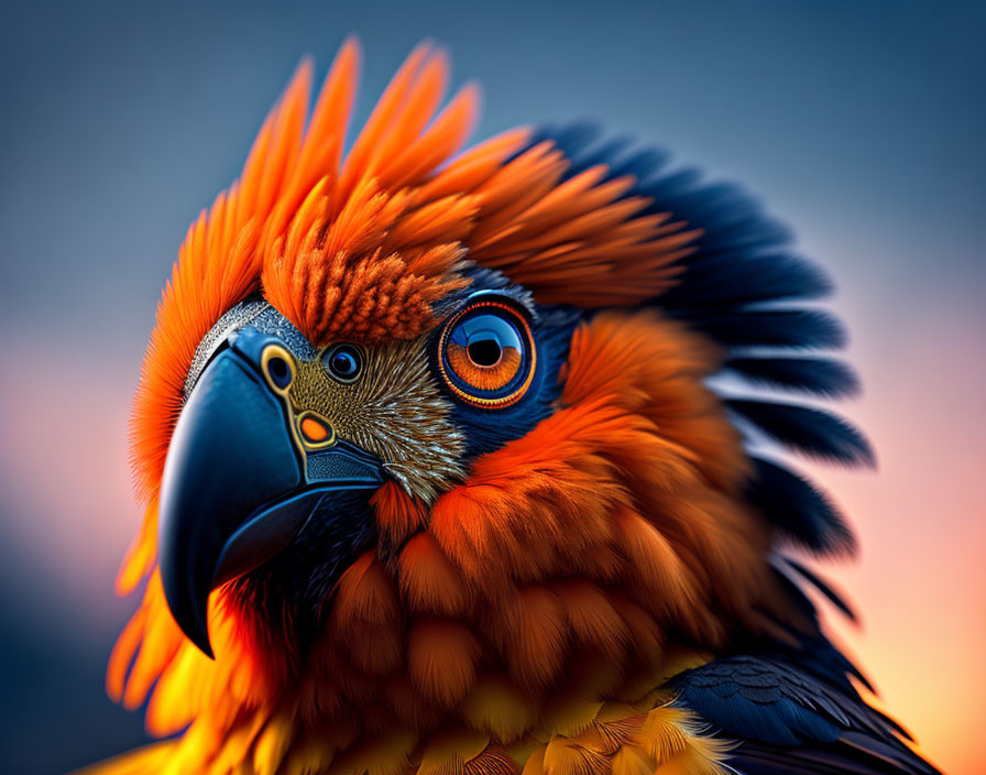 Detailed close-up of vibrant orange and blue macaw feathers