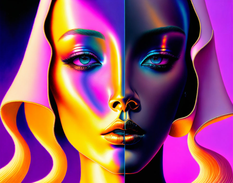 Symmetrical female faces with neon lighting and flowing hair