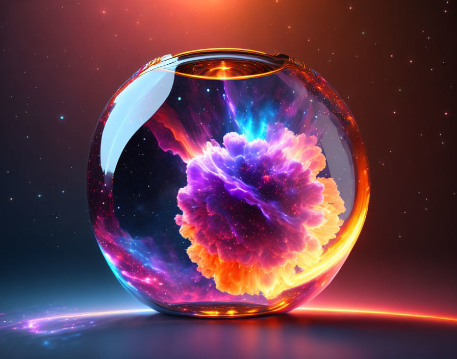 Colorful Cosmic Flower Blooms in Transparent Spherical Vase