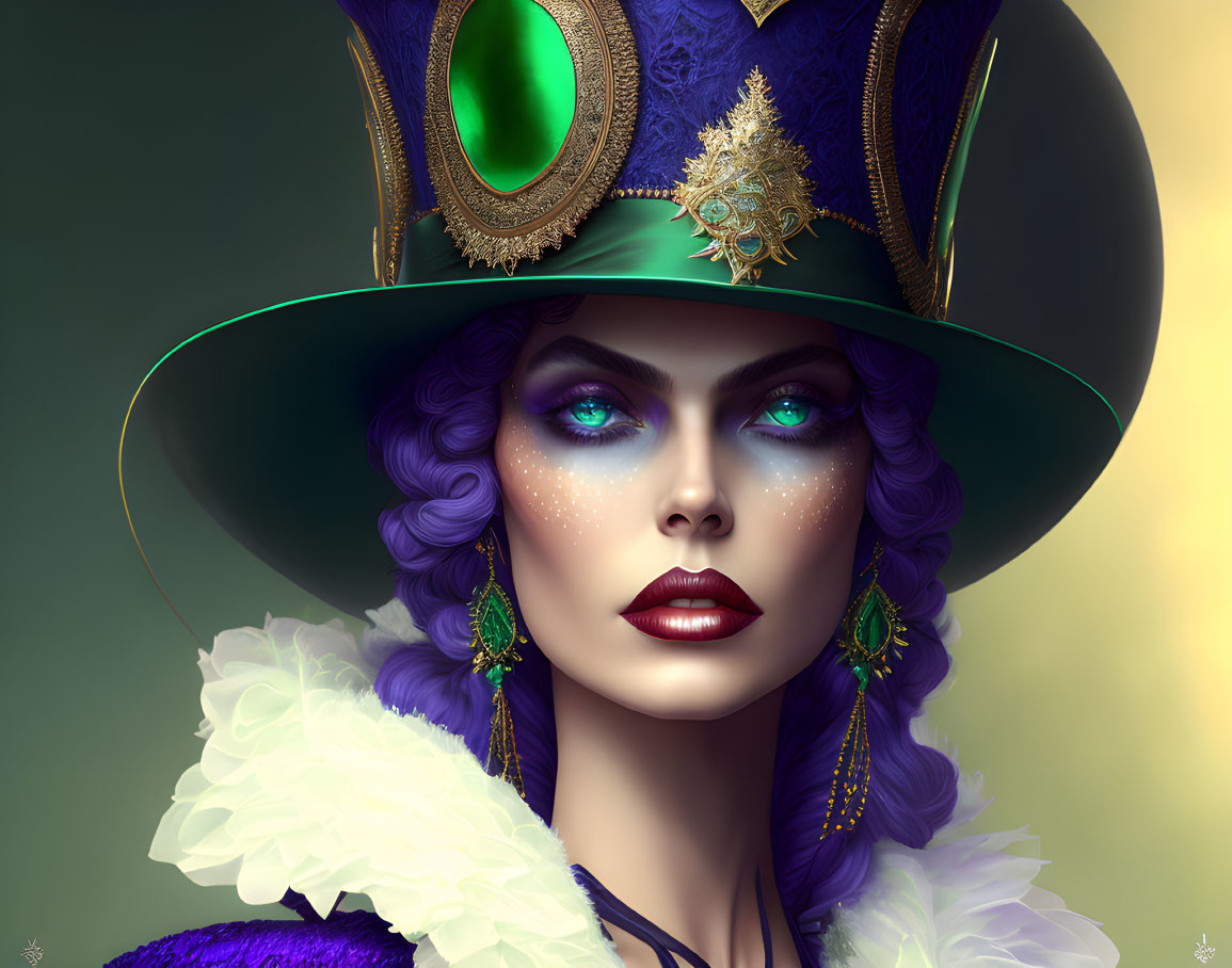 Detailed illustration: Woman with blue hair, green eyes, fancy hat & jewelry