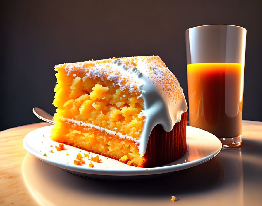 Moist yellow cake slice with icing, crumbs, and orange juice on table.