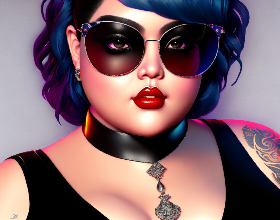 Digital illustration: Woman with blue and purple hair, sunglasses, choker, tank top, tattoo.