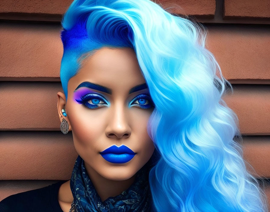 Vibrant blue hair and makeup against brick wall