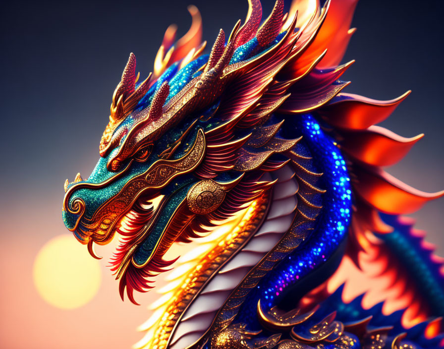 Colorful Asian dragon illustration with intricate scales and feathers on warm background