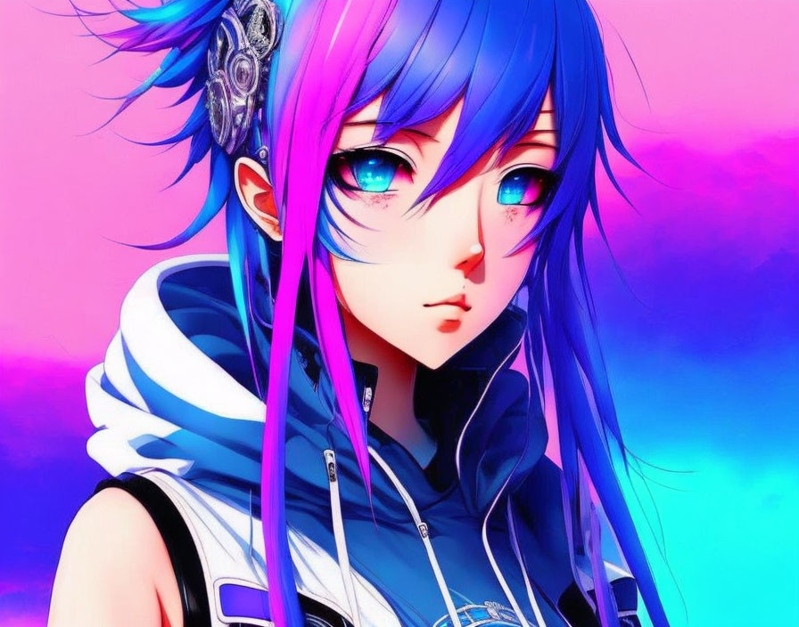 Anime-style character with bright blue hair and futuristic headset on vibrant background