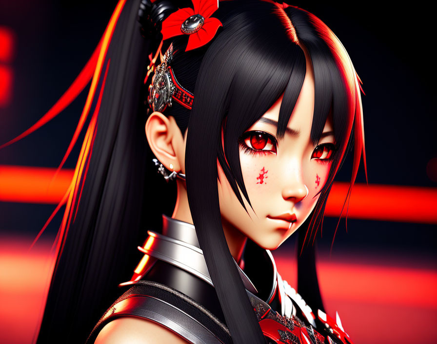 Animated Female Character with Red Eyes and Black Hair in Ponytail with Red and Silver Accessories