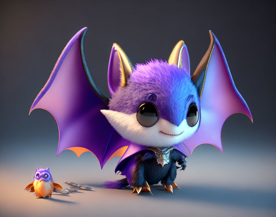 Colorful 3D illustration of cute fluffy creature with bat wings and scissors.