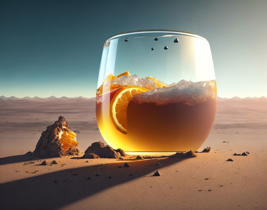 Whiskey Glass with Ice, Orange Slice, and Melting Ice Cube on Desert Surface