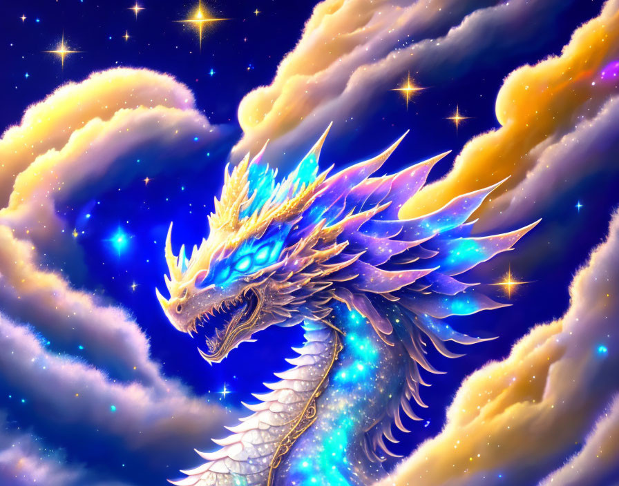 Colorful Celestial Dragon Artwork with Fiery Mane and Starry Scales