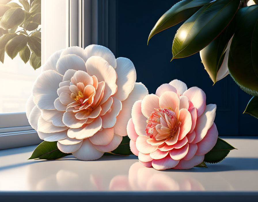 Detailed Camellia Flowers in Soft Pink and White on Sunlit Windowsill