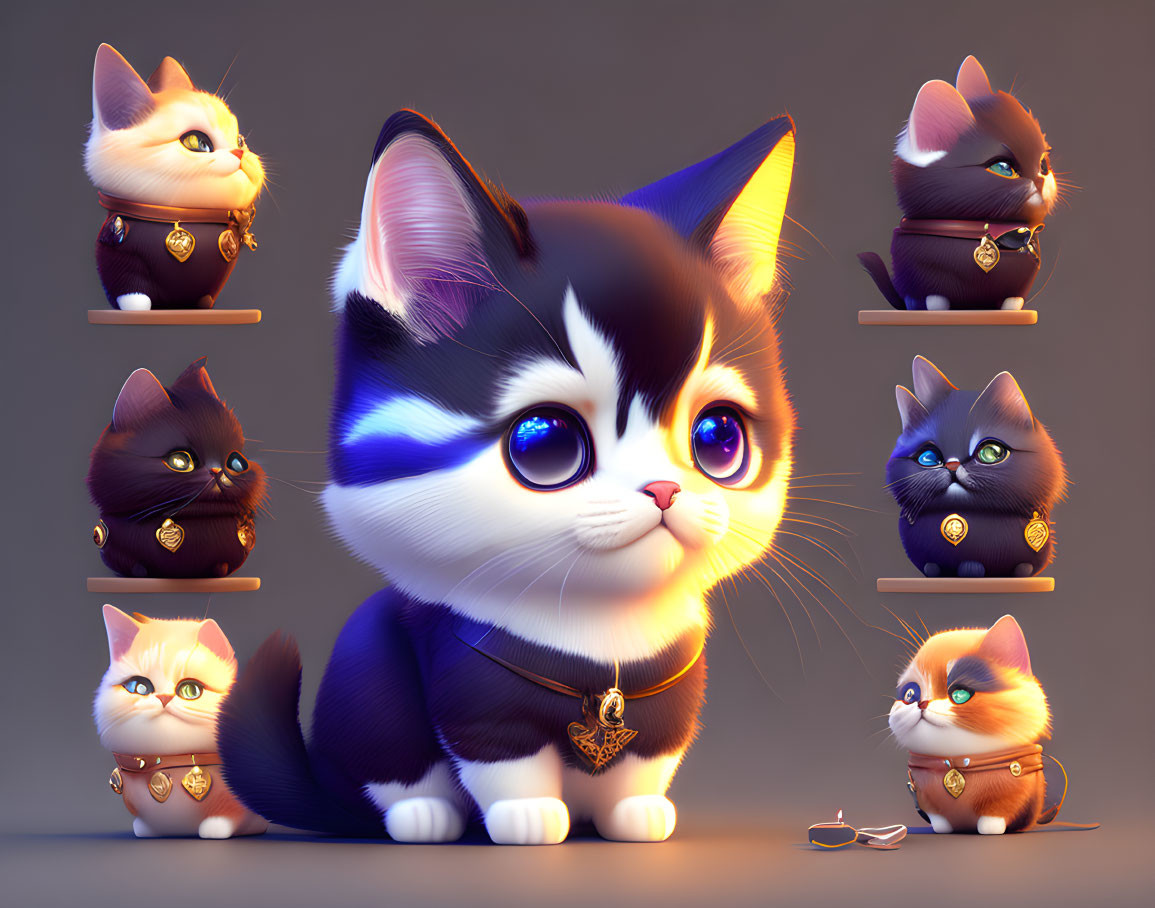 Stylized kittens with expressive eyes in poses on shelves