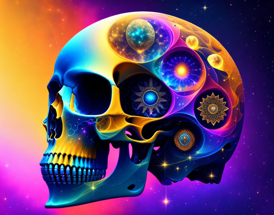 Colorful Cosmic Mandala Design on Human Skull Illustration