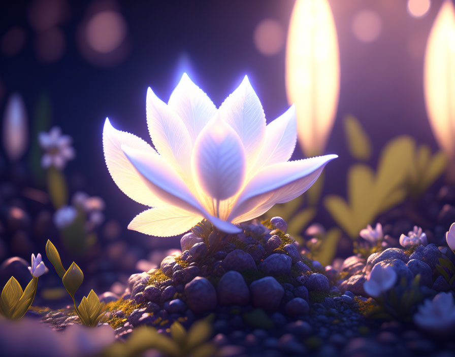 Luminous white lotus flower with glowing orbs and smaller flowers at night