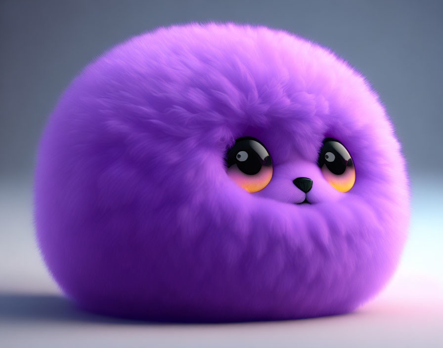 Fluffy Purple Creature with Large Eyes on Gray Background