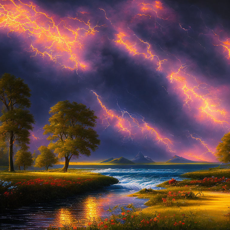 Dramatic landscape with river, trees, flowers, stormy sky & lightning