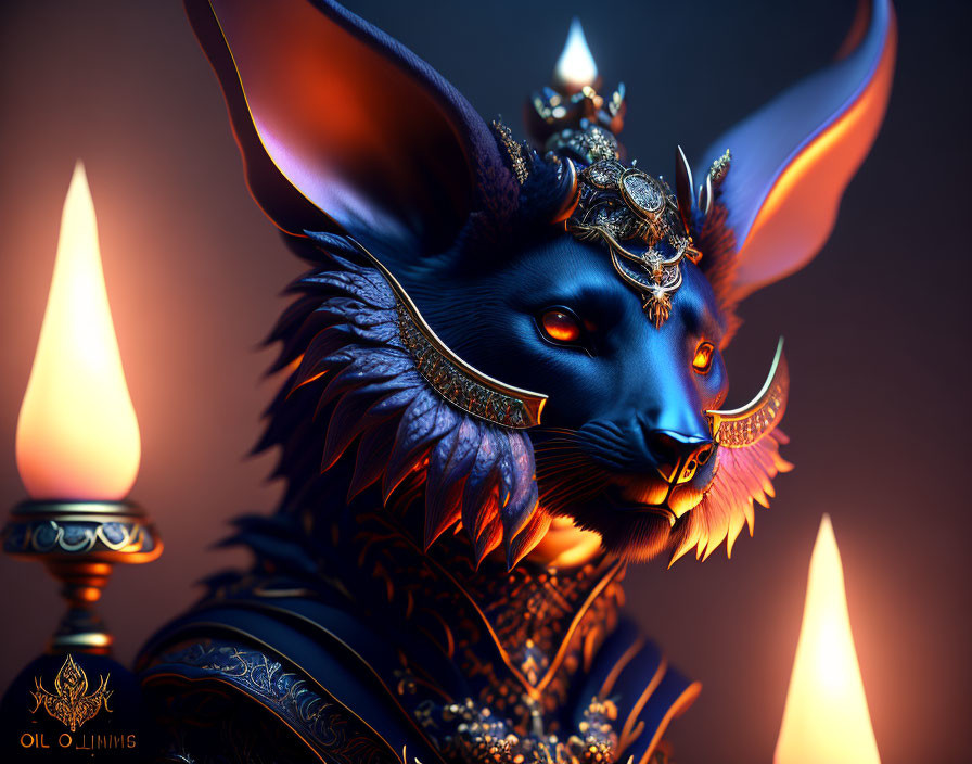 Mythical feline creature adorned with gold jewelry in candlelight