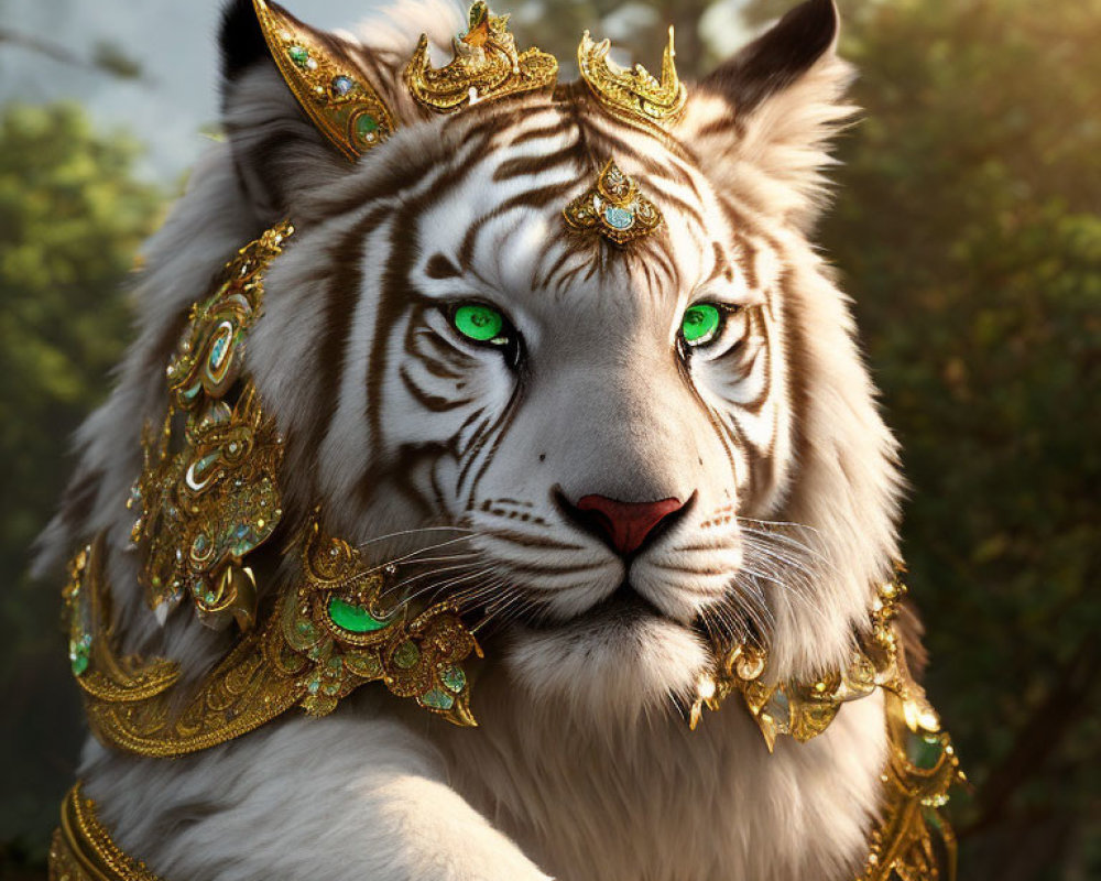 White Tiger with Green Eyes and Golden Jewelry on Softly Lit Background