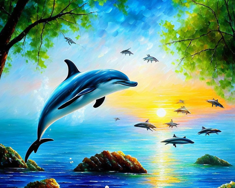 Colorful Dolphin Leaping in Sunlit Ocean with Birds and Greenery