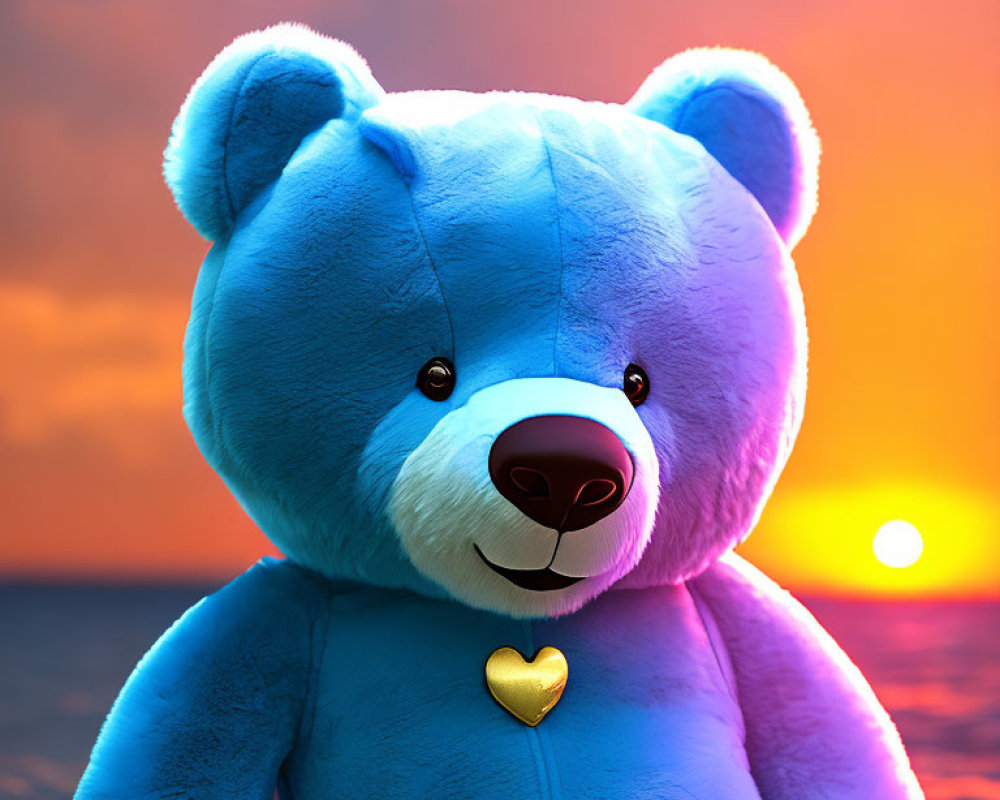 Blue Teddy Bear with Heart-Shaped Nose and Golden Heart on Chest Against Ocean Sunset