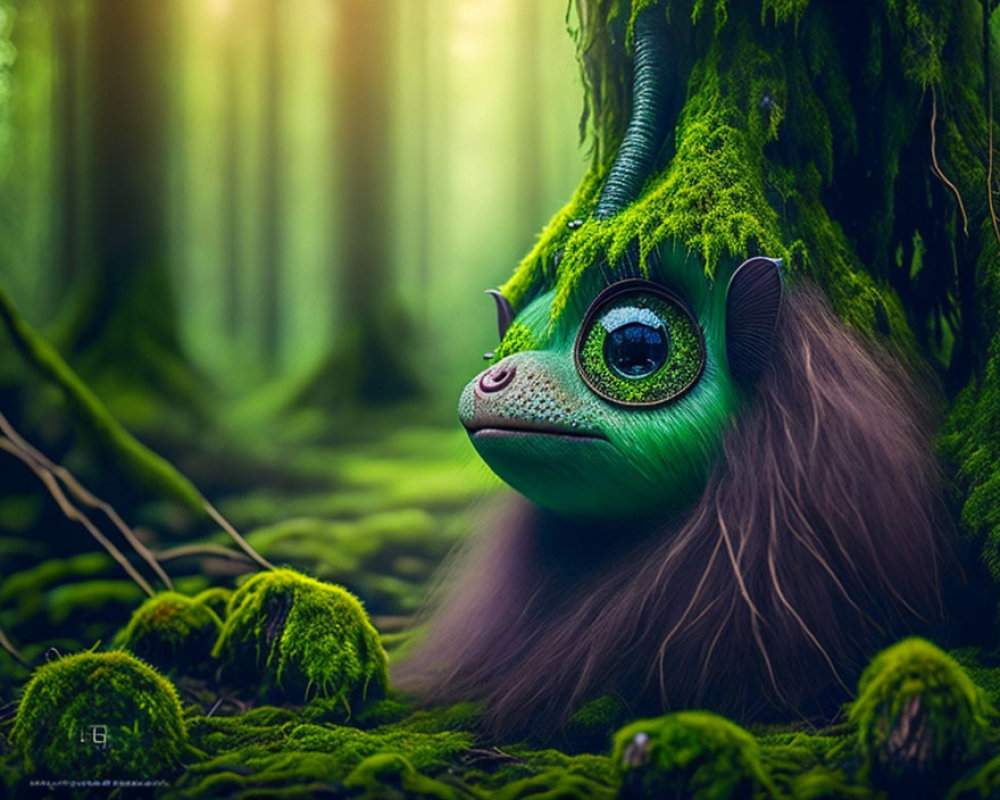 Green furry creature with large eyes in enchanted forest