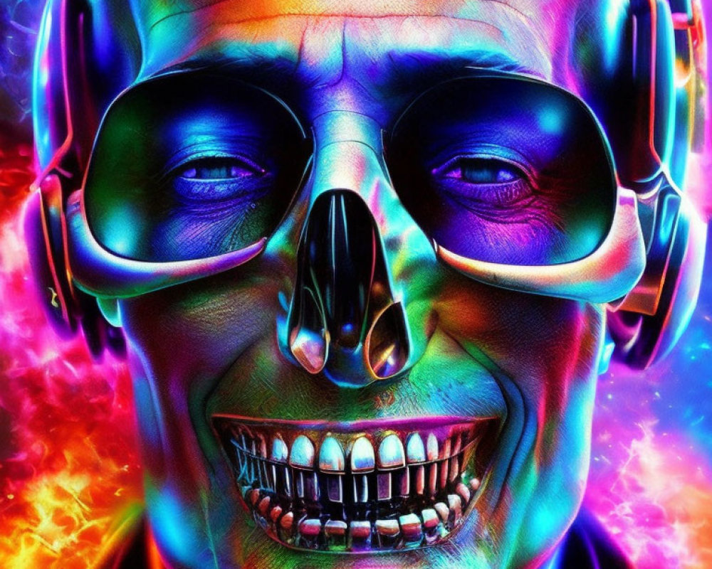 Colorful skull with headphones and sunglasses on psychedelic background