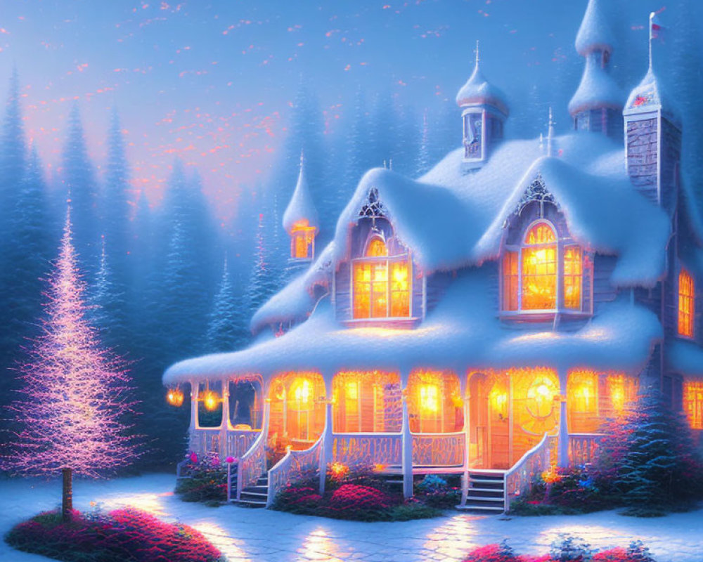 Snow-covered cottage with warm lights in twilight setting