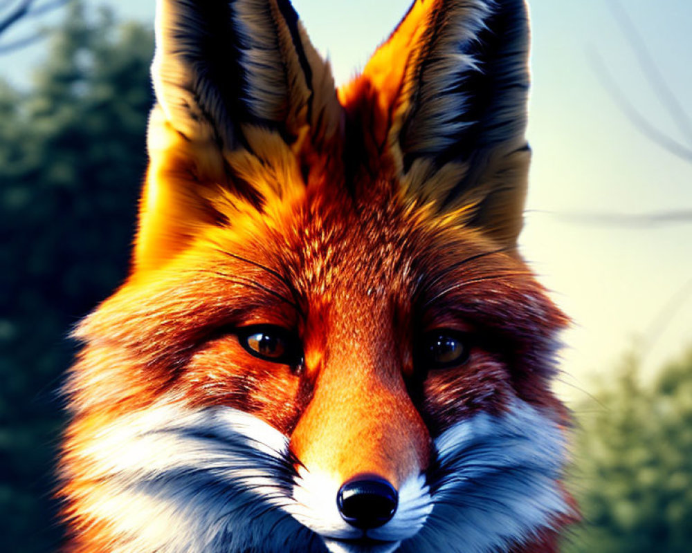 Detailed close-up of vibrant red fox with intense eyes on blurred background