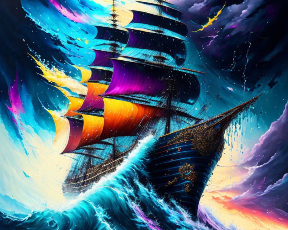 Colorful digital painting of grand sailing ship in cosmic ocean.