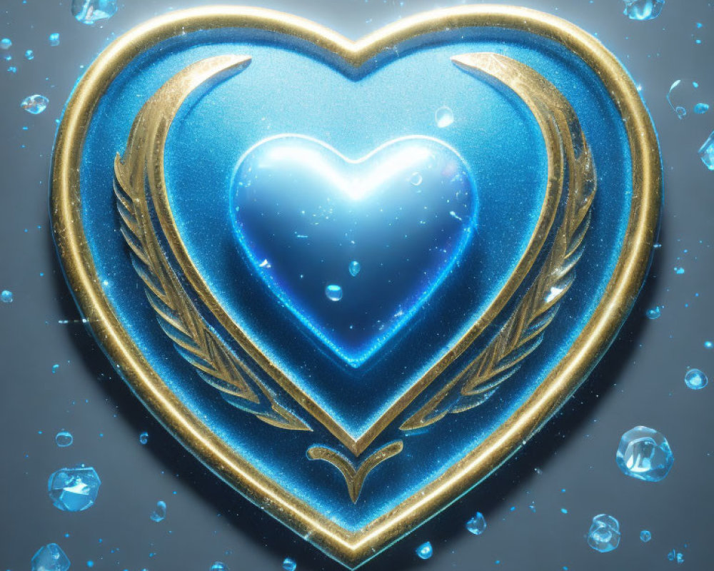 Blue Heart with Gold Trim and Wing Details Surrounded by Sparkling Gems