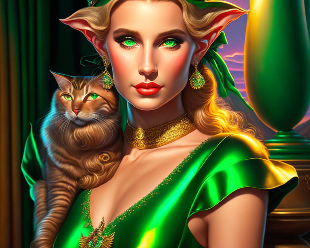 Elf-like woman with green eyes and cat in regal attire.