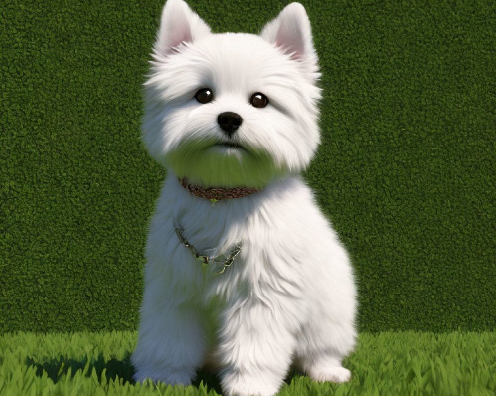 Fluffy White Digital Puppy Sitting on Grass against Green Backdrop