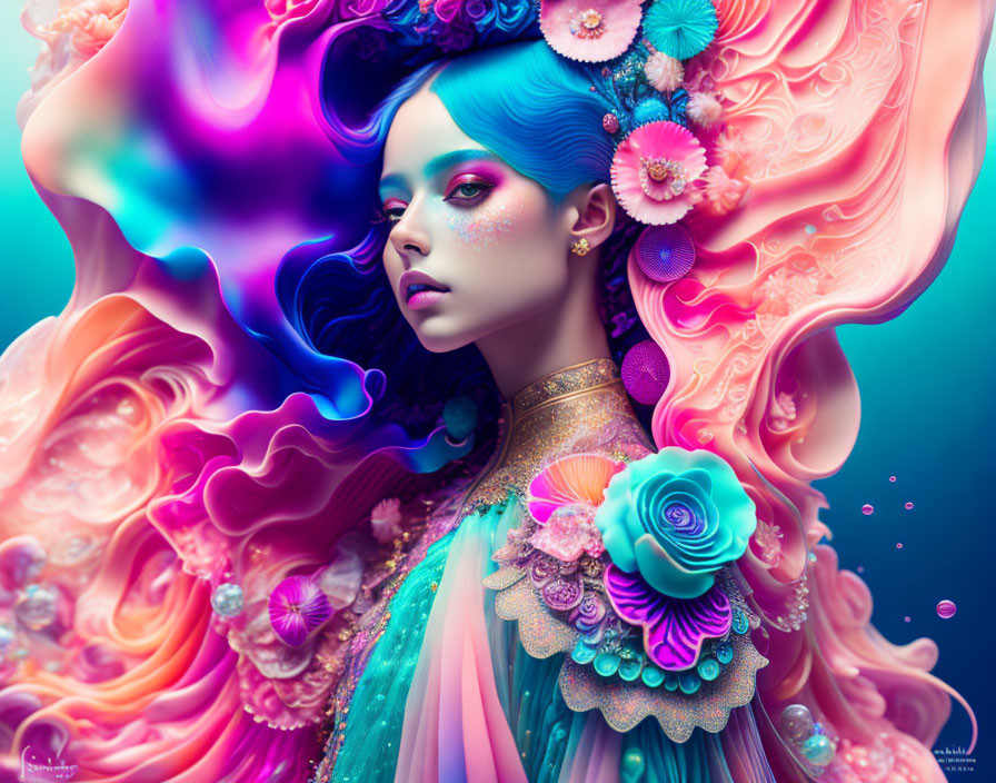 Colorful digital artwork of woman with blue hair and floral attire