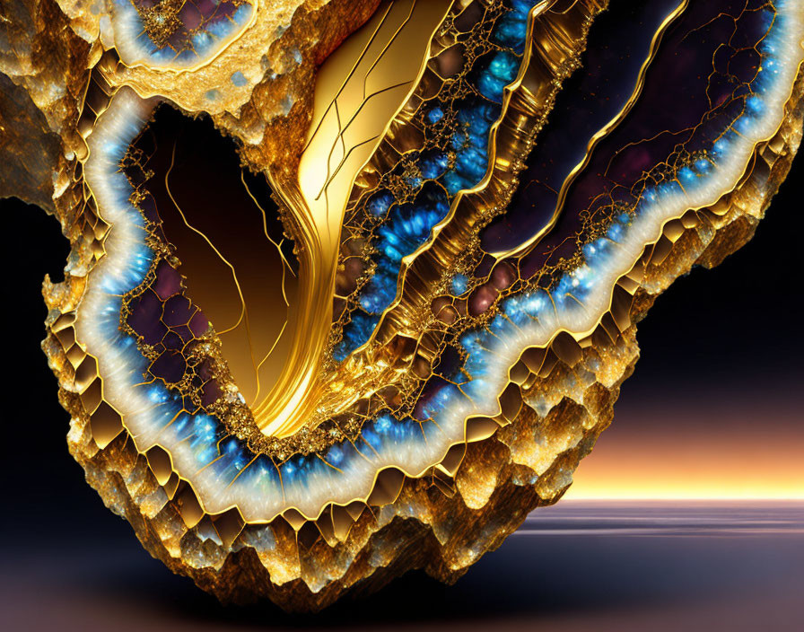 Abstract golden geode fractal design with vibrant blue accents.