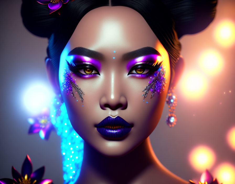 Intricate makeup and glowing lights on woman portrait