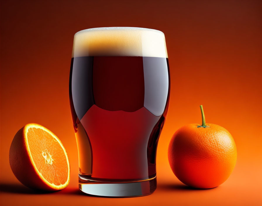 Dark beer glass with frothy head, whole and sliced oranges on orange background