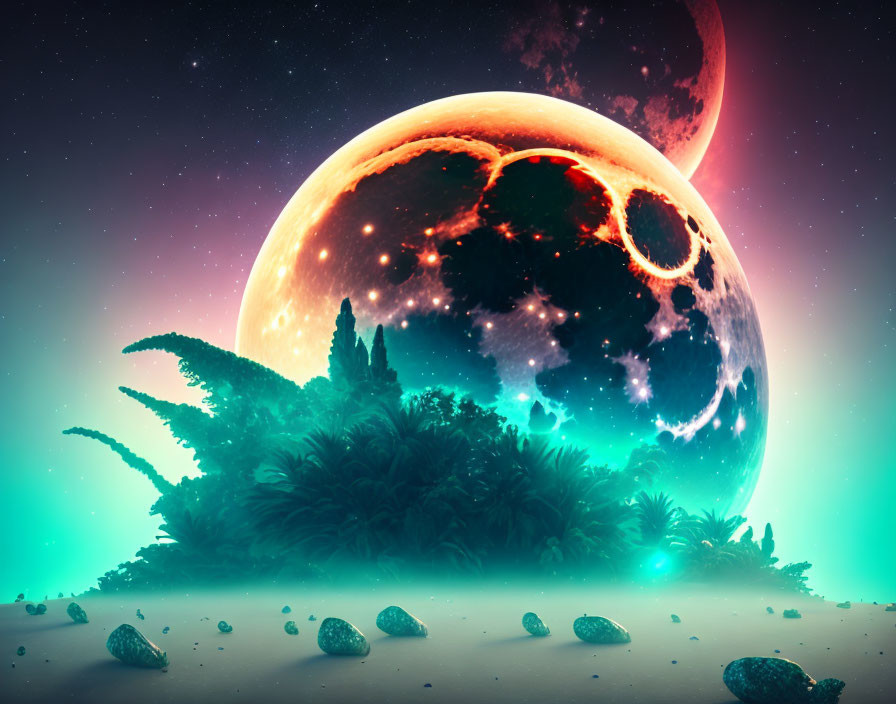 Large planet and moon over tropical forest in vibrant sci-fi landscape