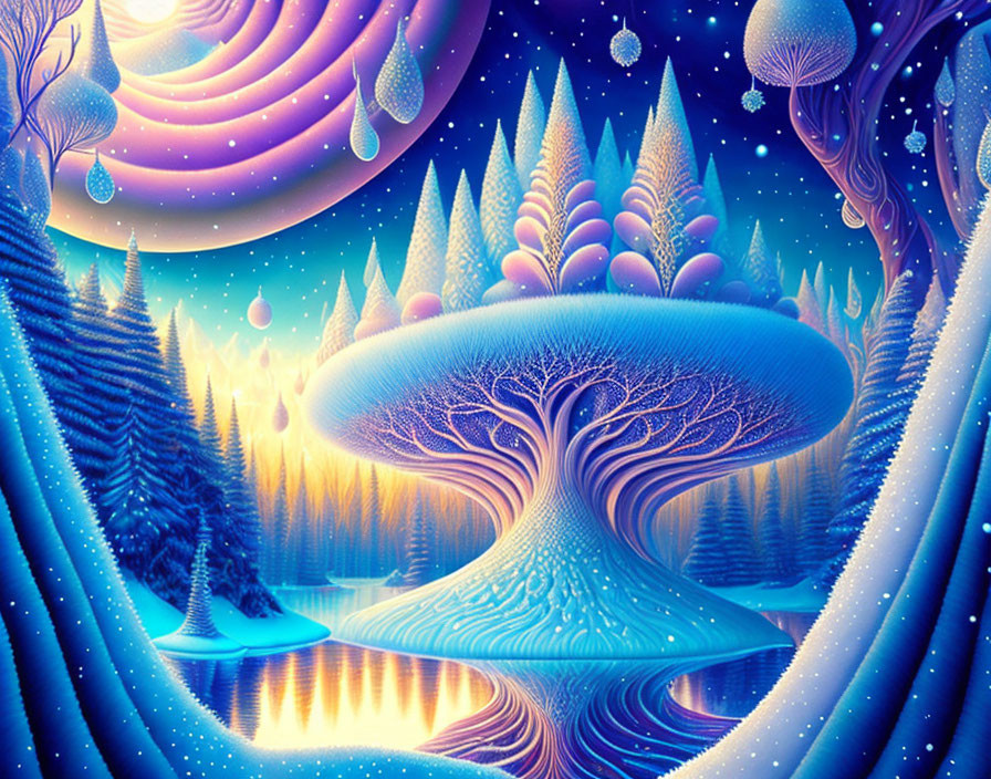 Fantastical landscape with oversized mushroom tree and luminous orbs