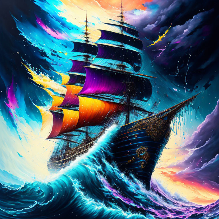 Colorful digital painting of grand sailing ship in cosmic ocean.