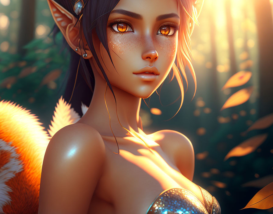 Fantasy portrait: Elf woman with amber eyes, pointed ears, glowing orbs in sunlit forest