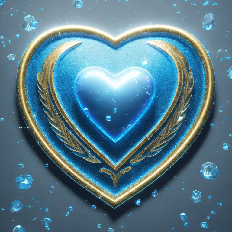 Blue Heart with Gold Trim and Wing Details Surrounded by Sparkling Gems