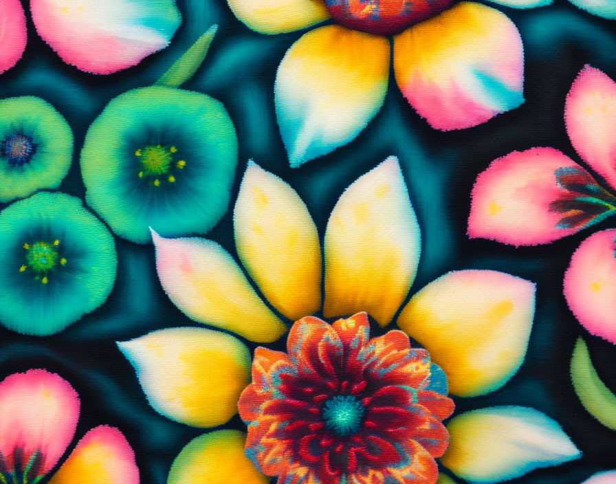 Vibrant floral pattern on dark background with yellow, pink, green, and blue blooms