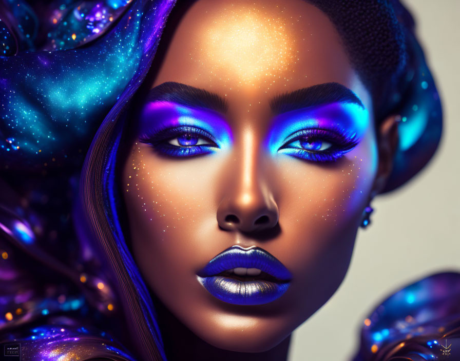 Vibrant blue and purple cosmic makeup with glitter on a woman, galaxy backdrop